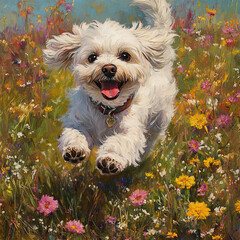 Maltese running through a field of wildflowers  