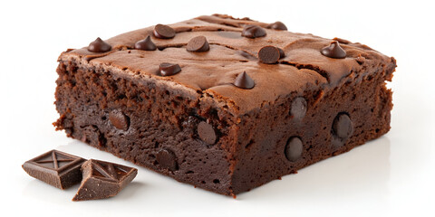 Delicious piece of rich chocolate brownie cake with a moist texture, isolated on a clean white background, ideal for food photography, dessert menus, packaging, and culinary design projects