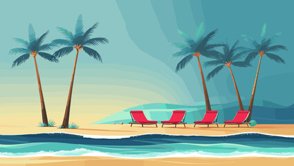 Fototapeta premium Tropical beach landscape with red loungers and palm trees under a clear sky