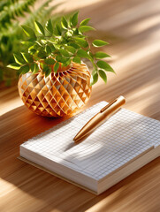A notepad, pen, and geometric vase with greenery sit on a wooden table, lit by sunlight
