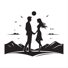 simple black and white romantic couple silhouette vector