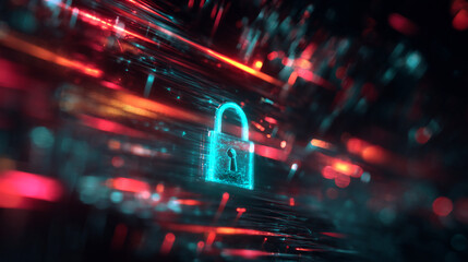 Cybersecurity concept image: glowing teal padlock on dark background with red and orange streaks, symbolizing digital security and data protection