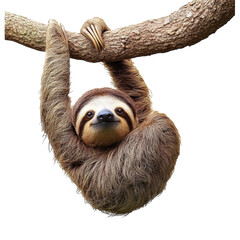 Adorable sloth hanging on branch peaceful jungle scene serene wildlife on transparent background