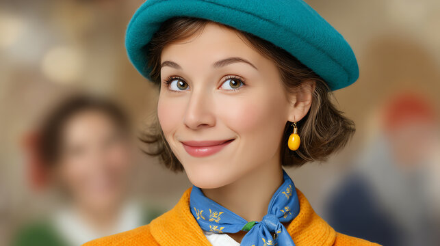 A joyful young woman wearing a vibrant outfit and a stylish hat, exuding confidence and approachability in a lively atmosphere.