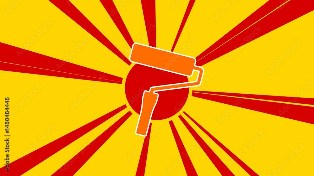 Poster paint roller symbol on the background of animation from moving rays of the sun. large orange symbol 