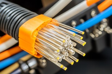 Fiber Optic Cable with Orange Connector and Yellow Tips Close-Up