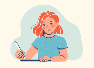 Young female illustrator creating digital art with a stylus. Concept of creativity, digital painting, art education, or creative professions