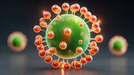 Close-up of a detailed, luminous, green virus with spikes, floating against dark background