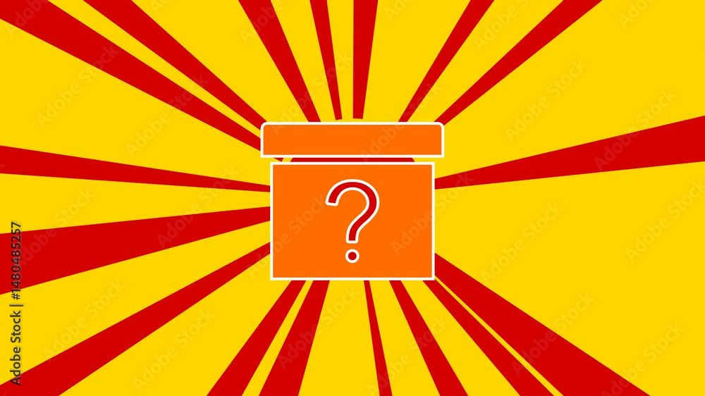 Poster gift box with a question symbol on the background of animation from moving rays of the sun. large or