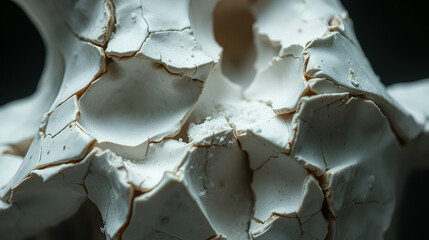 A surreal close-up of a cracked ceramic sculpture, delicate fractures revealing inner layers, fine porcelain dust settling in crevices