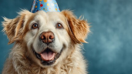 Celebratory Canine: A joyful golden retriever, adorned with a festive party hat, radiates happiness, inviting viewers to share in the spirit of celebration.  Ai image
