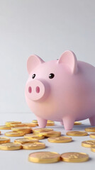 A pink ceramic piggy bank with coins scattered around, on a white surface