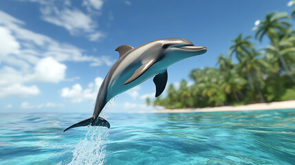 Obraz premium A playful dolphin leaps from shimmering ocean waters, surrounded by lush tropical scenery and clear blue skies.
