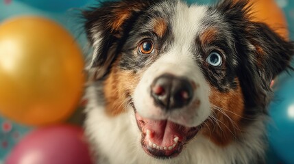 Playful Pup Amidst Balloons: A joyous pup is surrounded by vibrant balloons. Capturing a moment of pure delight, this heartwarming image exudes a sense of fun and celebration. Ai image