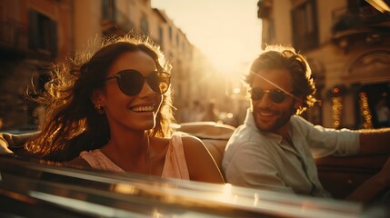 Joyful couple in convertible, sunny ride