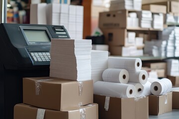 Stacks of paper and cardboard boxes in a warehouse