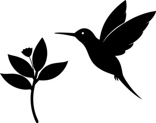Hummingbird Hovering At Flower Silhouette Vector Illustration
