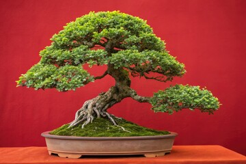 Lush Green Bonsai Tree Showcases Beauty Against Red Backdrop Generative AI