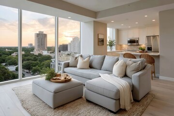 Modern living room with panoramic city view at sunset in an upscale apartment overlooking the skyline