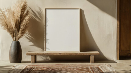 A blank picture frame on a wooden bench, with vase of dried reeds, rug and door