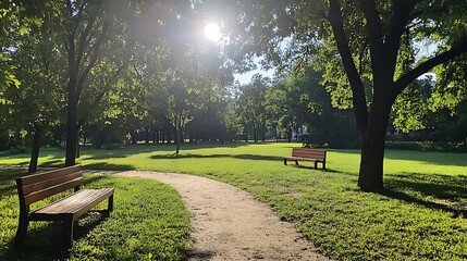 Obraz premium Sunlight streams through trees, illuminating benches and path in peaceful park setting