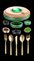 Futuristic food container with compartments, utensils, and components