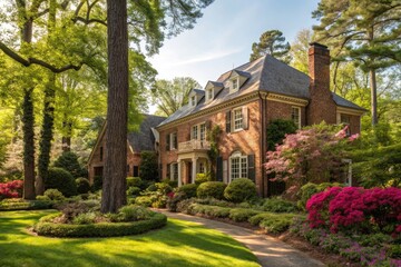 Lush Greenery Surrounds Brick Mansion in Sunny Setting Generative AI