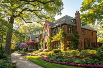 Sunlit Brick Mansion Surrounded by Lush Greenery and Flowers Generative AI
