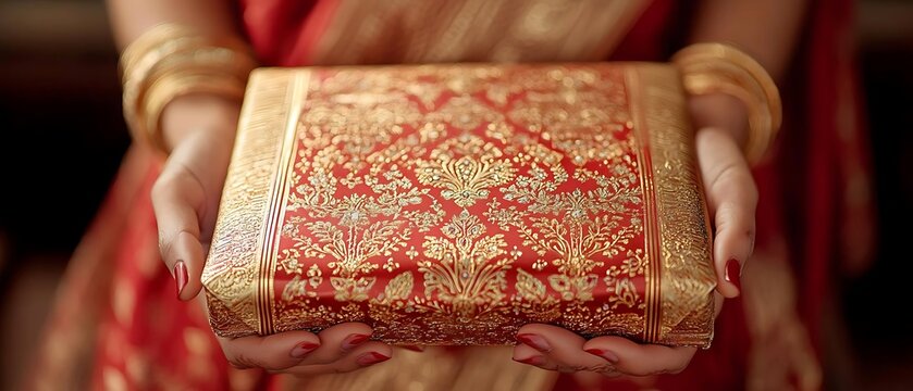 Woman hands gift, red saree, gold bangles
