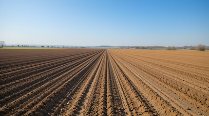 Expansive view of freshly plowed farmland under a bright blue sky in a rural landscape during the day