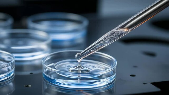 Pipette dispensing liquid into a Petri dish in modern laboratory.