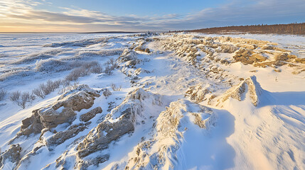 Snow-covered rocky landscape at sunset, showcasing natural formations and a serene winter atmosphere