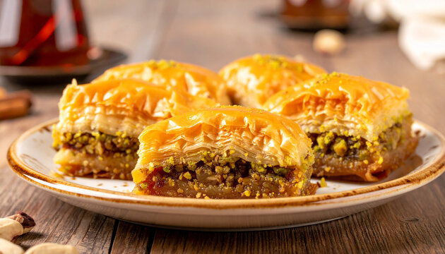 Traditional Middle Eastern baklava with Golden, flaky layers garnished with crushed pistachios,drizzled with sweet syrup, glistening under the light, served fresh on a rustic plate with a mint garnish