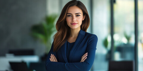 Confident woman in a business suit poses with arms crossed, office backdrop