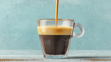 Espresso being poured into a clear glass mug. Frothy crema sits atop