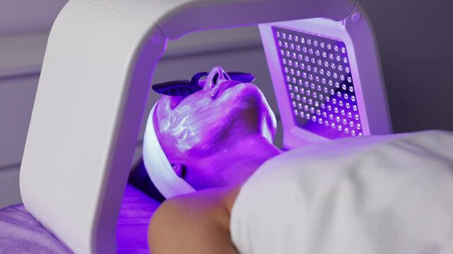 Woman with hydrogel mask on face in protective glasses getting violet LED light facial therapy treatment in beauty salon, laying on couch, relaxing. Beauty, rejuvenation, anti-aging, wellness concept