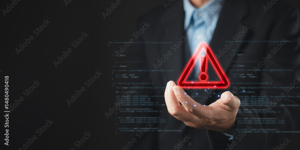 Poster a businessman holds a glowing red warning triangle with an exclamation mark, symbolizing alert, caut