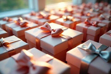 Obraz premium Array of vibrant gift boxes with shimmering satin bows bathed in soft light , soft light, illumination