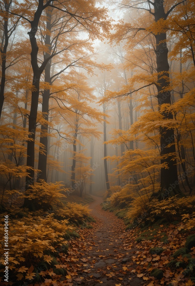 Poster forest in golden tones with falling leaves and morning fog, creating a serene autumn atmosphere with