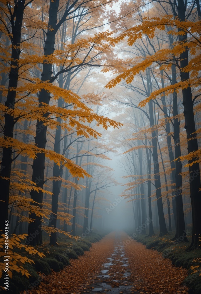 Poster forest in golden tones with falling leaves and morning fog, creating a serene autumn atmosphere with