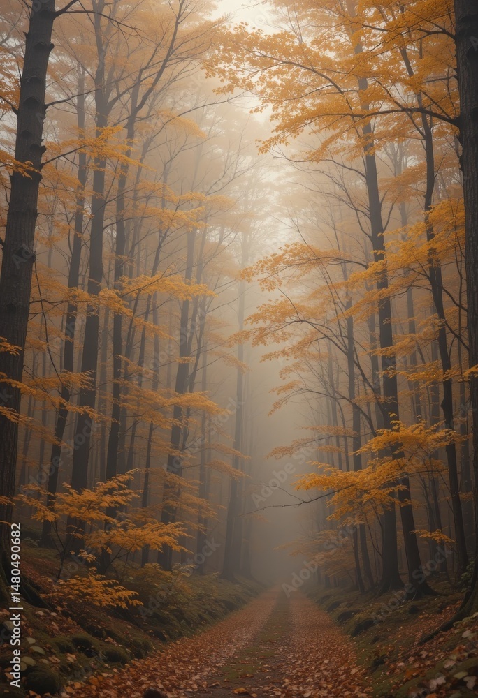Poster forest in golden tones with falling leaves and morning fog, creating a serene autumn atmosphere with