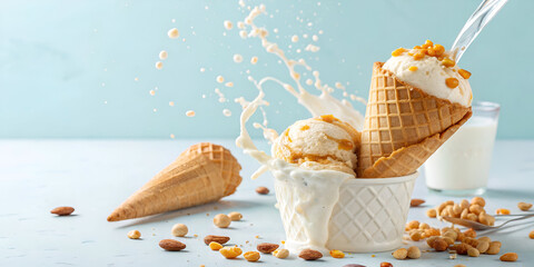 Waffle corn of fresh natural homemade sweet ice-cream with milk splash against light blue background, copy space. Healthy natural dessert.