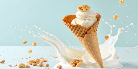 Waffle corn of fresh natural homemade sweet ice-cream with milk splash against light blue background, copy space. Healthy natural dessert.