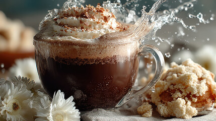Delicious hot chocolate with whipped cream, water splash, and a tasty crumble