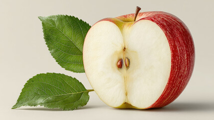Half a ripe red apple, core and seeds visible, beside green leaves