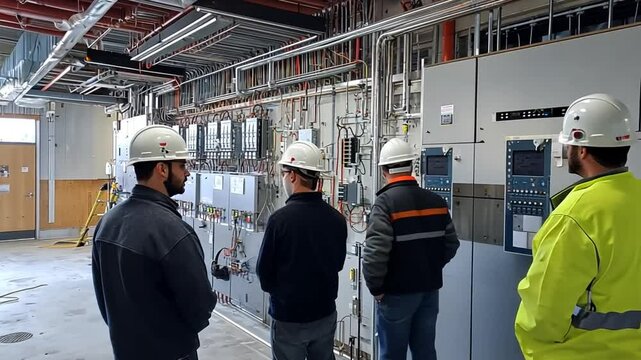 Team of Engineers Inspecting Industrial Control Panels