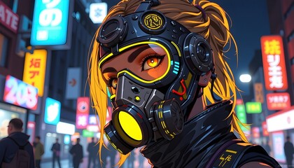 Fototapeta premium Cyberpunk girl with gas mask and fiber optic hair
