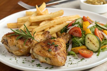 Pan Roasted Chicken Served With Crispy French Fries and Salad Generative AI