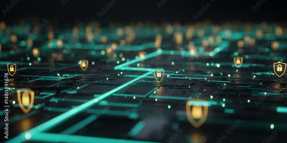 Poster abstract digital network with glowing teal lines and gold shield icons symbolizing cybersecurity and
