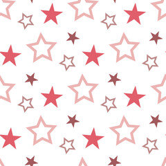 Seamless pattern with pleasant pink stars on white backgound. Vector image.